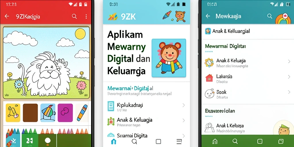 Tampilan antarmuka aplikasi Mewarnai Digital 9ZK dengan berbagai pilihan warna.