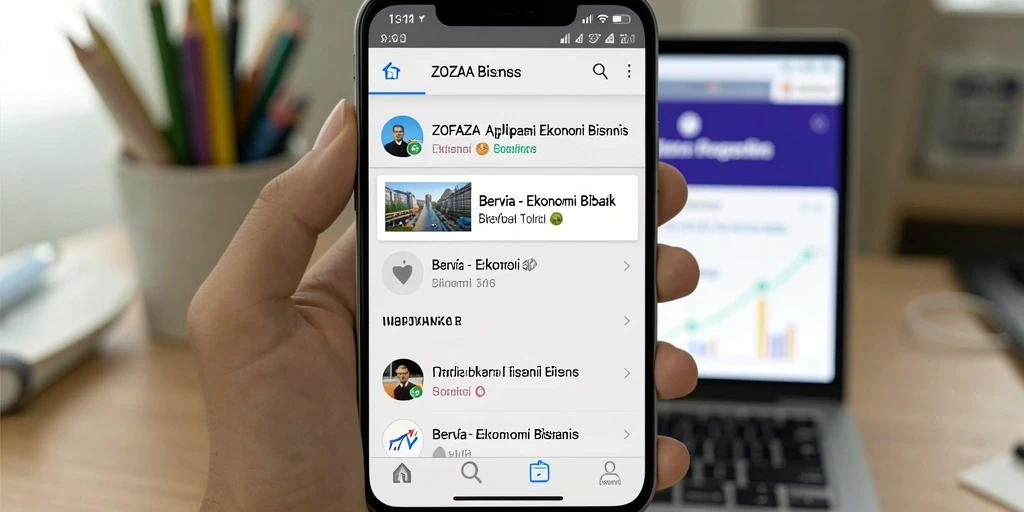 Screenshot aplikasi ZOFAZA menunjukkan antarmuka berita Ekonomi Bisnis.